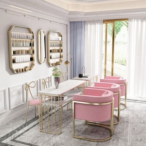 Ensemble de meubles pour manucure au design moderne, personnalisable en rose, table et chaises pour salon de coiffure, salon de beauté, table de manucure - Product Image 2