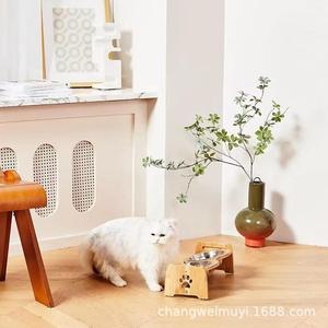 Solid Wood Pet <b>Feeder</b> Double Bowl Elevated <b>Cat</b> Dog Bowl Rack For Feeding - Product Image 1