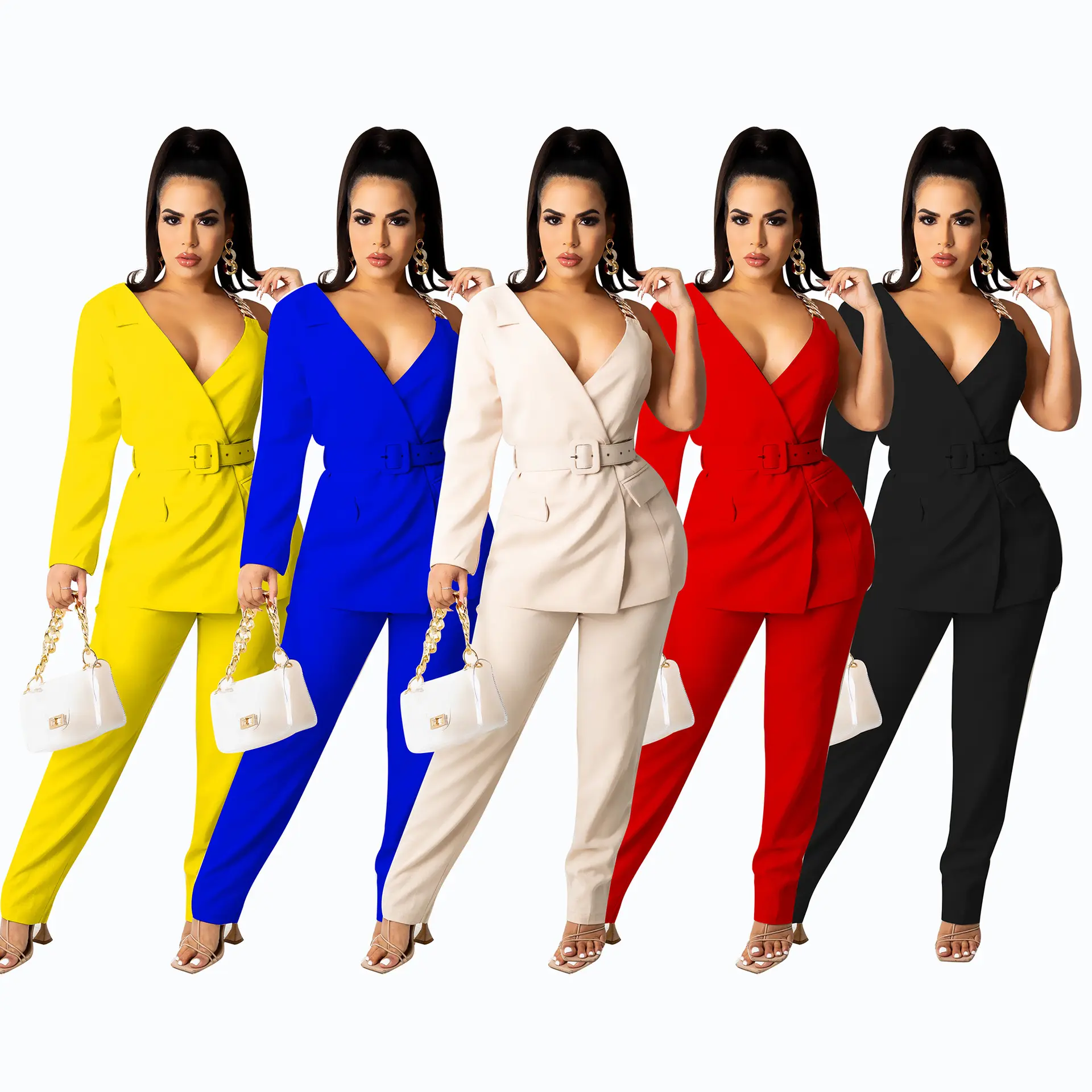 Fashion Office Ladies 2021 Fall Outfits One Shoulder Blazer Two Piece Suit Long Pants Belt Blazer Set for Women