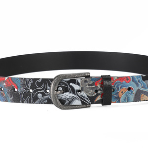 เข็มขัดหนังวัวพิมพ์ลายสำหรับผู้ชาย หัวเข็มขัดโลหะผสมสีดำ สไตล์ลำลอง ทนทาน ลายดอกไม้แท้ กว้าง 3.5 ซม. - Product Image 4