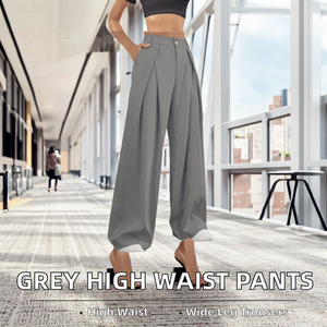 Pantalon plissé taille haute à jambes larges pour femme, gris, en crêpe, décontracté, longueur totale, coupe ample, couleur unie, fermeture éclair - Product Image 2