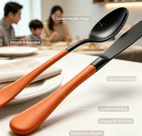 Ensemble de vaisselle plaqué titane noir avec poignée peinte à la bombe orange pour hôtel, restaurant, mariage, traiteur, repas à domicile