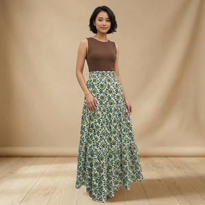 Falda larga escalonada con estampado floral para mujer |   Falda Casual Boho 100% Algodón con Cintura Elástica |   Fabricante Ecológico de OEM y ODM - Product Image 4