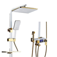 Ensemble de mitigeur numérique thermostatique à quatre fonctions avec affichage LED et barre coulissante, finition or blanc, avec pommeau de douche luxe doux/effet pluie