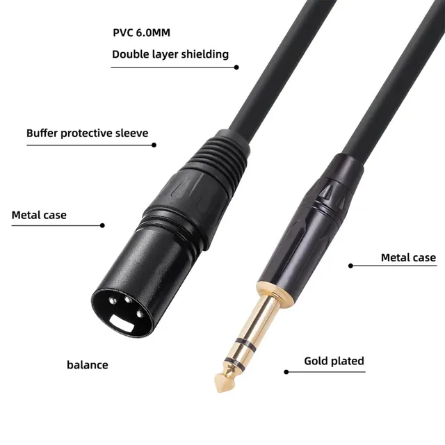 Durable 3 Pin 6.35mm to XLR Cable Plug and Play Male to Male 3 Pin Stereo 1/4 Inch to XLR Balanced Cord Stage Equipment