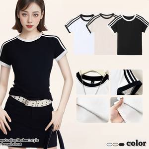 Camiseta Americana de Verano <span class=keywords><strong>2024</strong></span> para Mujer, Retro, Ajustada, Estilo Chica Sexy, Color de Contraste, Tres Franjas, Manga Corta, Corte Entallado - Product Image 2