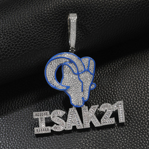 Collier Hip-Hop Rap personnalisé avec pendentif tête de chèvre en émail rhodié bleu, lettres, nouveau, entièrement serti de CZ, baguette, chaîne en corde - Product Image 5
