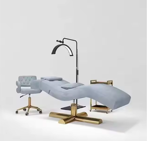 Cama Curva para Pestañas con Silla, Juego de Muebles de Salón Ajustables de Cuero PU, Diseño Contemporáneo, Base Dorada, Cubierta Gris Claro - Product Image 1