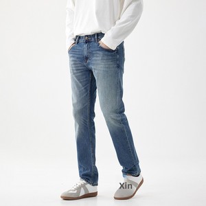 <span class=keywords><strong>Jeans</strong></span> pour hommes en denim bleu foncé, style urbain décontracté, dégradé vintage, taille mi-haute, coupe droite ample, avec logo personnalisé - Product Image 2