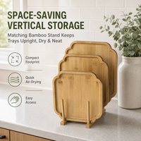 Ensemble de 3 plateaux carrés en bambou avec support en bambou, plateau de service carré à bords festonnés pour la décoration de table