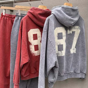 Sudadera con capucha vintage de felpa francesa suave, 100% algodón peinado, con cremallera completa, estilo streetwear, lavado descolorido por el sol, de peso pesado, con estampado serigrafiado y corte holgado. - Product Image 2