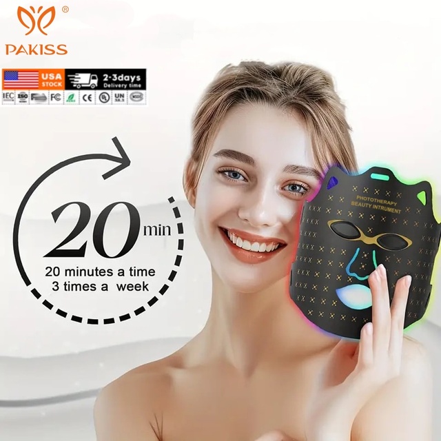 PAKISS 7-Color LED Vibrating Facial Mask with Silicone Wearable Design for Home Use