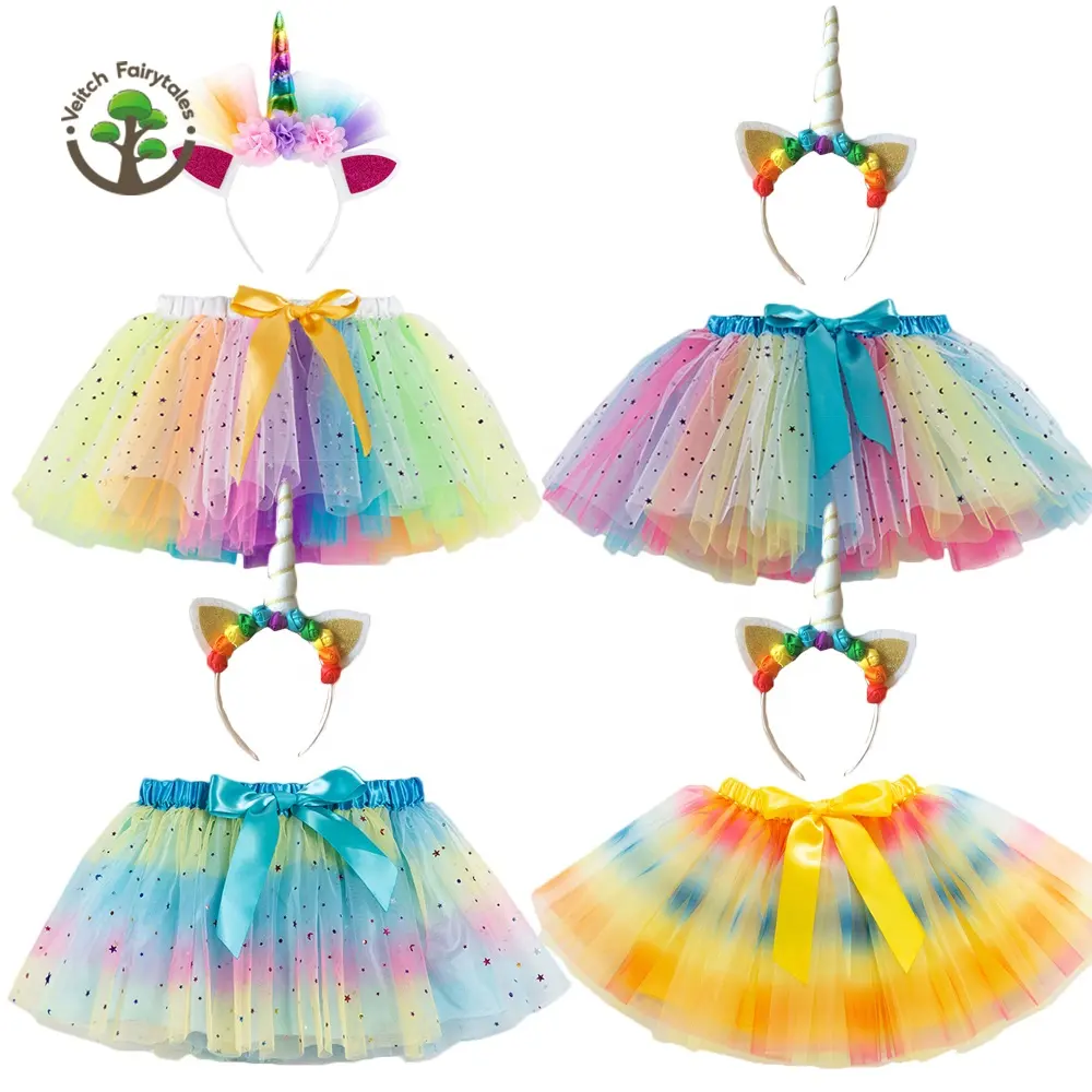 Kid Toddler Girl Birthday Party Stage Multicolor Rainbow Mini Fluffy Layered Tulle Ballet Dance Tutu Skirt With Unicorn Headband