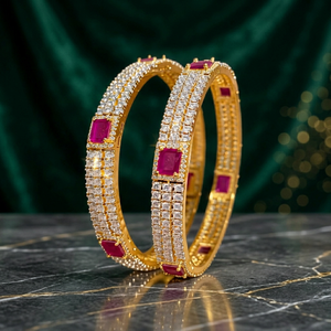 Luxury Indian Brass Imitation Rhodium Plated CZ Cubic Zirconia Marquise Cut <b>Ruby</b> Stone Classic Bangle Set Bangles Pair Fashion - Product Image 1
