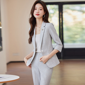 Women's Suit Set Light Gray Three Quarter Sleeve Spring Office Lady Anti-Wrinkle Polyester Worsted Fabric - Product Image 3