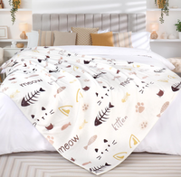 Couverture en sherpa ultra douce à imprimé chaton et poisson de dessin animé, 100 % polyester polaire, pour canapé, lit ou fauteuil