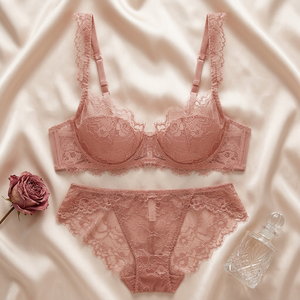 Conjunto de lencería de encaje rosa para mujer al por mayor, sexy conjunto de sujetador push-up con aros y bragas, lencería íntima con ribete floral, OEM ODM - Product Image 1