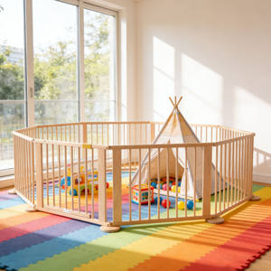 Parque infantil de madera maciza grande y ajustable para bebés y niños con puerta con cerradura - Product Image 3