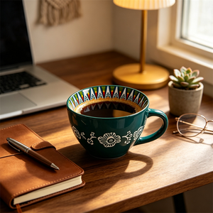 แก้วกาแฟเซรามิกเพ้นท์ลายดอกไม้สไตล์โบฮีเมียน 400 มล. สำหรับอาหารเช้า - Product Image 4