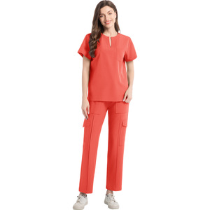 HZMNOI Scrub Uniform Set V-Neck Moisture Wicking For Medical Dental Nursing Workwear Split Design Red - Product Image 4