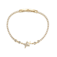 Bracelet Double Étoile avec Breloque Étoile Pavée, Bracelet Tennis Rond en Zircon Cubique, Laiton Plaqué Or 14K, Zircon 5A, Fermoir Montre, Bracelet Mignon, Vente en Gros