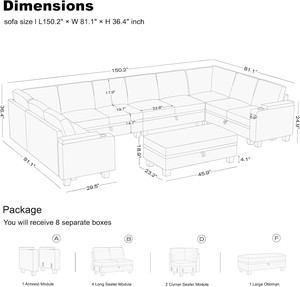 Canapé modulaire en forme de U surdimensionné F&J Home, ensemble de 10 places avec ottoman de rangement et porte-gobelets, en PU, design moderne, blanc, livraison gratuite - Product Image 2