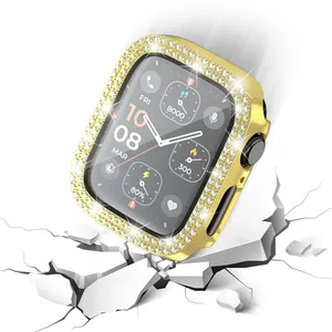 Untuk Apple Watch7 42 44 Casing Berlian Wanita 38 40 dengan Cakupan Penuh Kaca Bezel Berlian Casing Pelindung Persegi Panjang