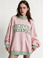 Sweat-shirt à col montant brodé patchwork pour femme, en molleton de coton, manches longues avec détail manches bouffantes, pull d'automne, vente en gros