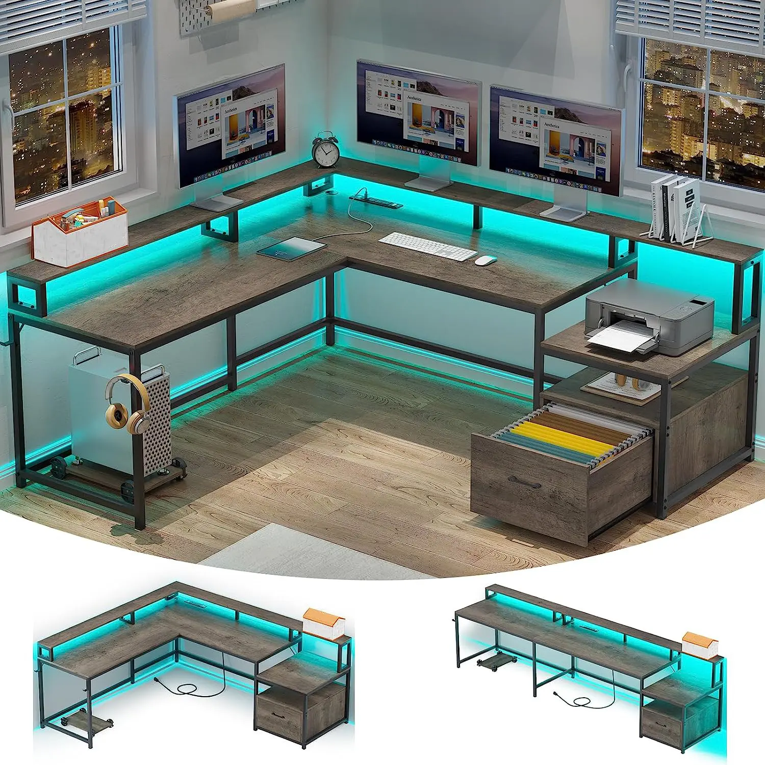 Officetable Met Vijl Lade Stopcontact Gaming Hoek Computer Bureau L-Vormige Metalen Frame Houten Schrijf Kantoor Desks