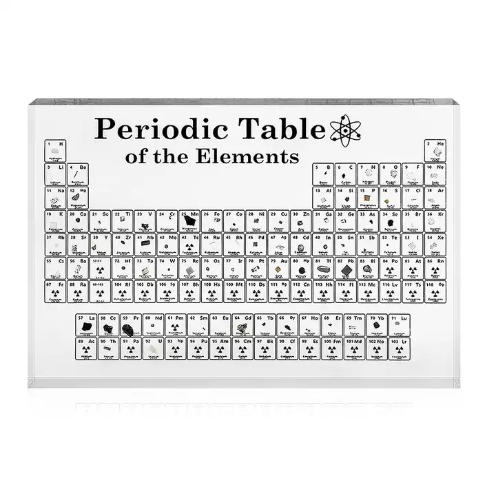 tabla periódica con elementos reales dentro de acrílico pantalla