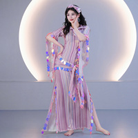 Ensemble de costumes de danse du ventre Saidi Baladi, robe longue rayée + bandeau + écharpe, tenue de spectacle de danse orientale folklorique égyptienne, 3 pièces