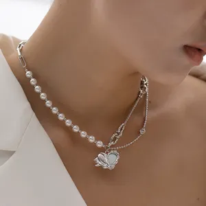 fashion sliver jewelry necklace charm 925 sterling silver 6mm pearl ball beads opal heart charm necklace