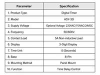 Minuteur numérique 3 chiffres ASY-3D 220V AC 5A 50/60Hz, contrôleur de temporisation à montage sur panneau 8 broches pour l'automatisation industrielle des fours