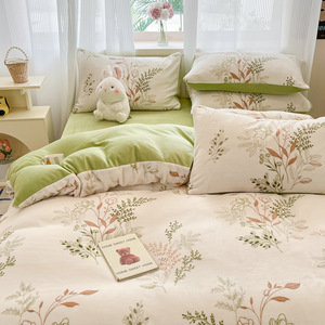 Parure de lit quatre pièces en molleton de lait, motif plantes et fleurs, housse de couette double face, literie chaude pour l'hiver - Product Image 2