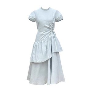 French Style Blue Dress For Women Crew Neck Natural Waist Splicing Breathable Daily Casual Long Dress - Product Image 5