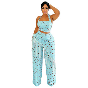 Nouvel ensemble pantalon deux pièces <span class=keywords><strong>pour</strong></span> <span class=keywords><strong>femme</strong></span>, imprimé pois décontracté, haut asymétrique tendance et pantalon à franges, ensemble 2 pièces <span class=keywords><strong>pour</strong></span> <span class=keywords><strong>femme</strong></span> - Product Image 2