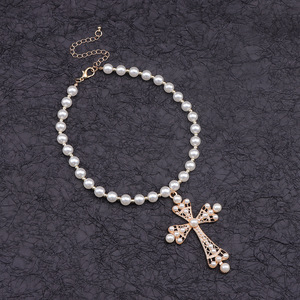 European American Imitation Pearl Alloy <b>Cross</b> Necklace Gold White K AA Grade Everyday Wear Geometric Design Clavicle <b>Chain</b> - Product Image 6