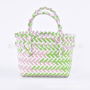 Woven PP <b>Plastic</b> Storage <b>Basket</b> Rectangle Handmade Children's Bag Single Tier Green Zigzag Pattern - Product Image 3