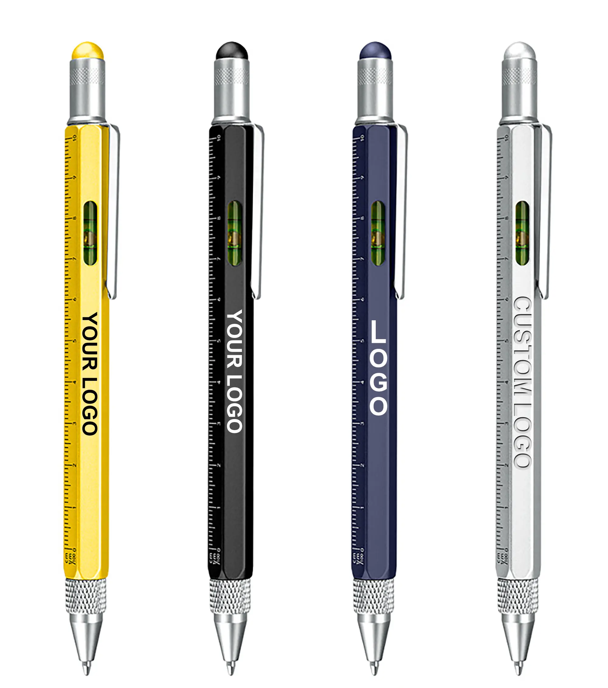 Multifunctional 6 in 1 custom logo color metal ballpoint pens engineering pen with cm/inch scale and water level function