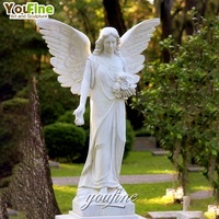 Statue d'ange féminin ailé en marbre blanc sculpté à la main, tenant un bouquet de fleurs, pour jardin commémoratif, cimetière, villa, propriété, décoration extérieure