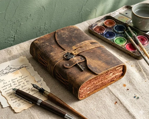 Vintage Leather Grimoire Journal with Skeleton Key Lock Handmade Deckle Edge Book of Shadows, Antique Spell Writing Notebooks - Product Image 1