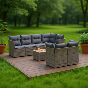 Ensemble de canapés de jardin en couleur gris brun avec coussins, mobilier d'extérieur au design contemporain, résistant à l'eau, en rotin - Product Image 2