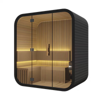 Sauna Moderna Tipo Cubo para 2-4 Personas, Sauna Exterior Cuadrada de Madera Sólida con Puerta Panorámica de Vidrio y Luz LED para Jardín