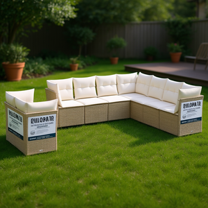 Conjunto de Sofás de Jardín de Ratán Beige, 6 Plazas, Resistente a la Intemperie, Diseño Contemporáneo - Product Image 2