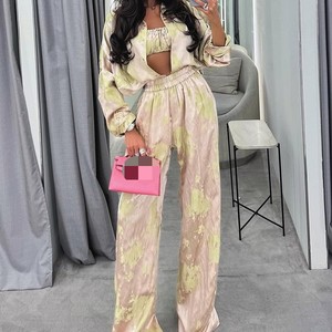 Women's Summer New Arrival: Collared Long-Sleeve Shirt & Top & Wide-Leg <b>Pants</b> Casual 3-Piece Set Fashion - Product Image 2