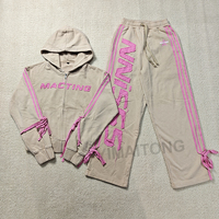 Conjunto Deportivo Personalizado para Mujer: Top Corto, Pantalones Largos Acampanados, Sudadera con Cremallera, Lavado Ácido, Bordado Desgastado y Parches