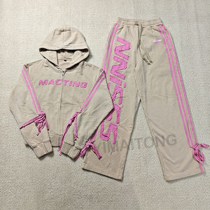 Custom Sweat Pant <b>Track</b> <b>Suits</b> Acid Wash Distressed Embroidery Patch Zip-up Hoodie Flare Sweatpants Sweatsuit Set for Women - Product Image 5