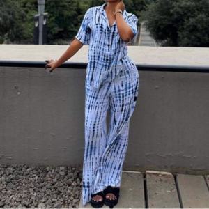 Damen Tie-Dye <span class=keywords><strong>2</strong></span>-Teiliges Set Kurzarm-Hemd & Weite Hose Lässiges Outfit Sehe Fashion - Product Image 4
