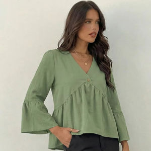 Chemise de bureau d'été pour femmes, col en V, manches trois quarts, légère, respirante, décontractée, en polyester, manches évasées - Product Image 1