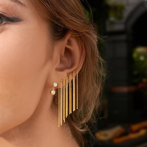 Gold Plated Stainless Steel Drop Earrings With Chain Fringe Fashion Jewelry For Women - Product Image 3